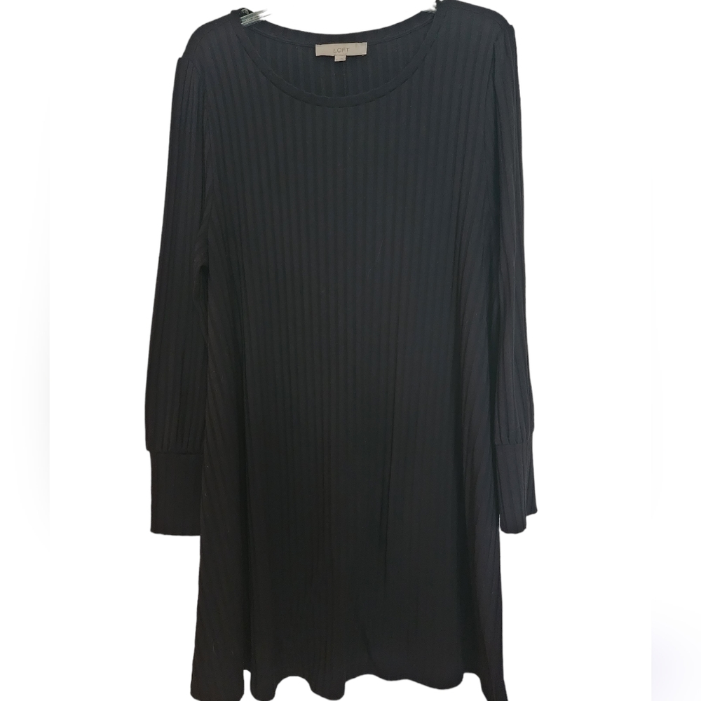 LOFT black tone on tone rib knit long sleeve pullover dress scoop neckline XL